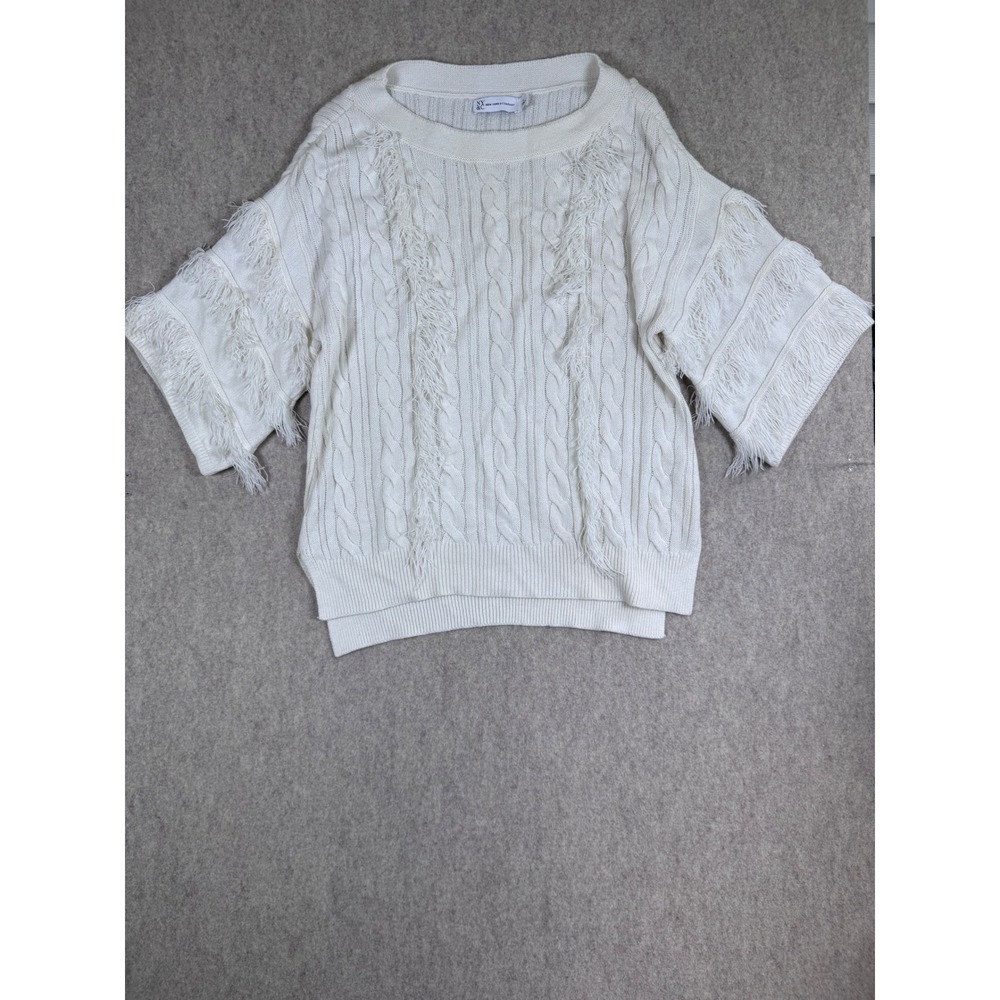 k147. New York & Company Boho Cream Cable Knit Fringe Short Sleeve Sweater